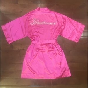 Bridesmaid Fuchsia Satin Rhinestone Short Robe - Women’s Size Medium
